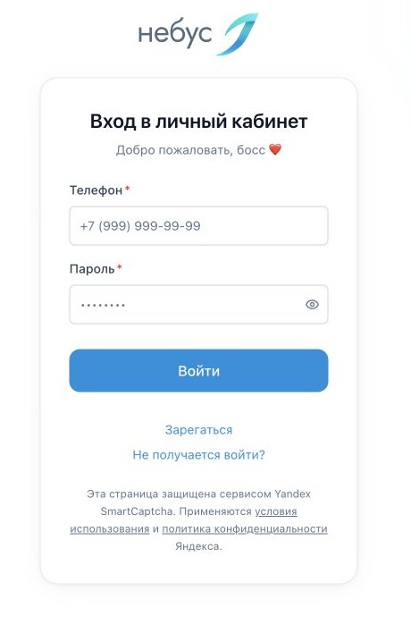 По логину и паролю — реальный экран Небус